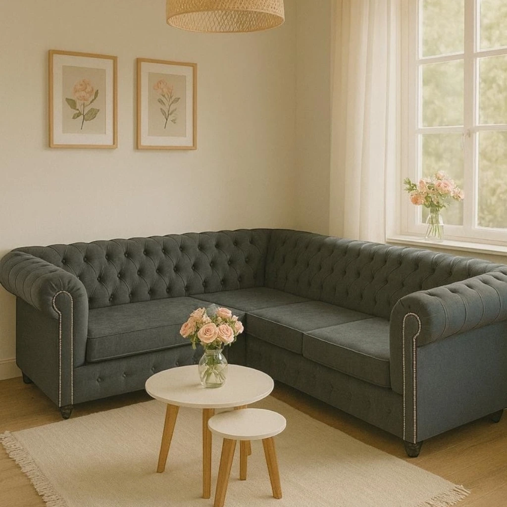 Sillón Chester esquinero 240x240 (Pana cross – Black, Plateadas, Lado izquierdo mirando de frente)